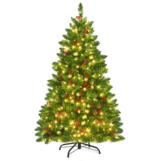 Costway - 4.5Ft Pre-Lit Artificial Christmas Tree with Sturdy Metal Stand Pine Cones and Red Berries - Green