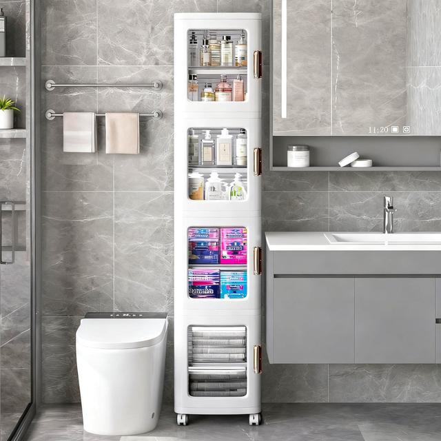 Vecelo - Narrow Bathroom Floor Storage Cabinet, Bathroom Storage Cabinet, Freestanding Bathroom Cabinet, Foldable Storage Unit - White