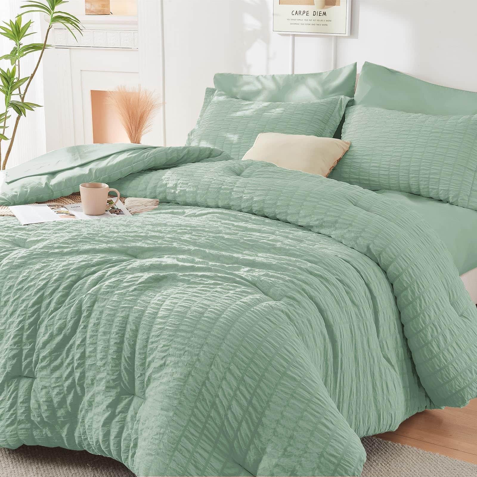 VEGA AUTOMOTIVE - 7pc Seersucker Sage Green Comforter Set All Season Microfiber Bedding w/Sheets - Sage Green Full(82"x86")