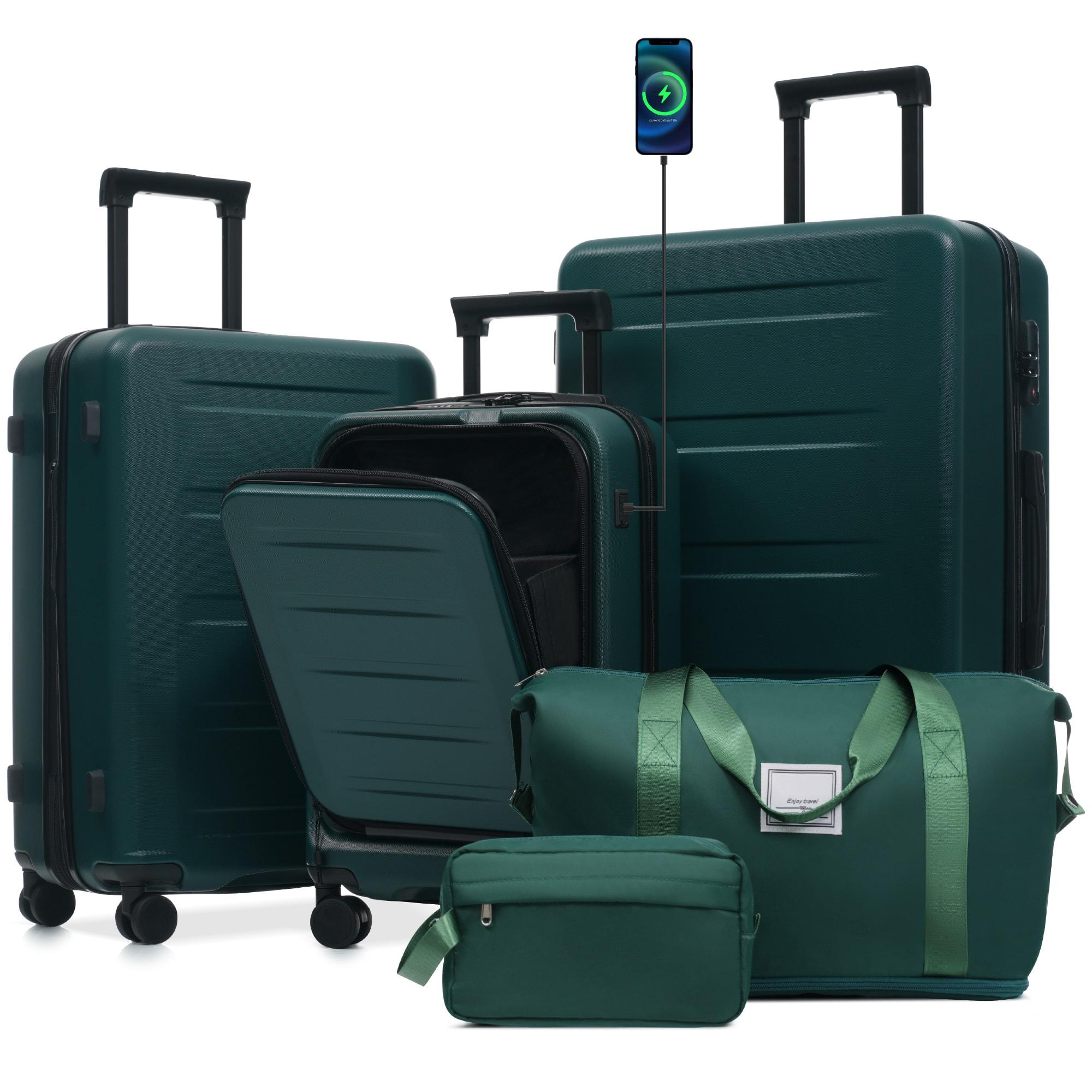 Tiramisubest - 5-Piece Luggage Sets with Double Spinner Wheel,Hardside Expandable Carry On Suitcase with USB Port,TSA Locks (20"24"28") - Dark Green