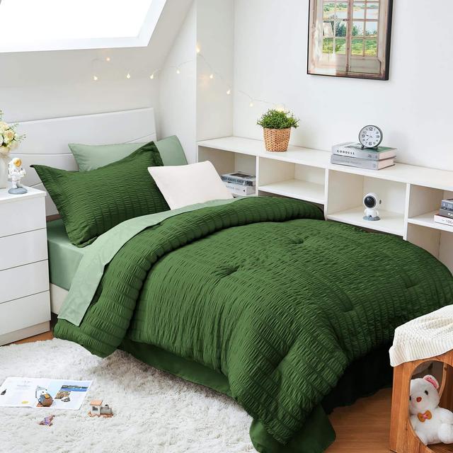 VEGA AUTOMOTIVE - 7pc Dark Green/Sage Green Seersucker Comforter Set All Season with Sheets Pillowcases Shams - Dark Green/Sage Green Twin XL(68"x 88")