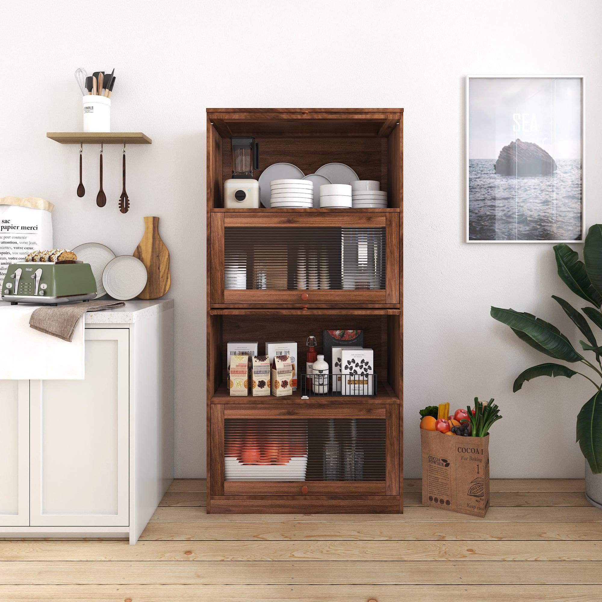 Spaco - Contemporary Glass Door Bookcase, Closed Back Dustproof Storage Cabinet for Office Living Room - Walnut