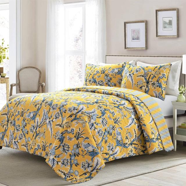 Hivvago - King Size Lightweight Peacocks Polyester Quilt Set - Yellow Blue