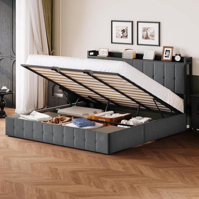 GARVEE - King Bed with Lift-Up Storage, Velvet, Dark Grey – Luxurious King Bed with Lift-Up Storage & Sleek Dark Grey Velvet - Gray
