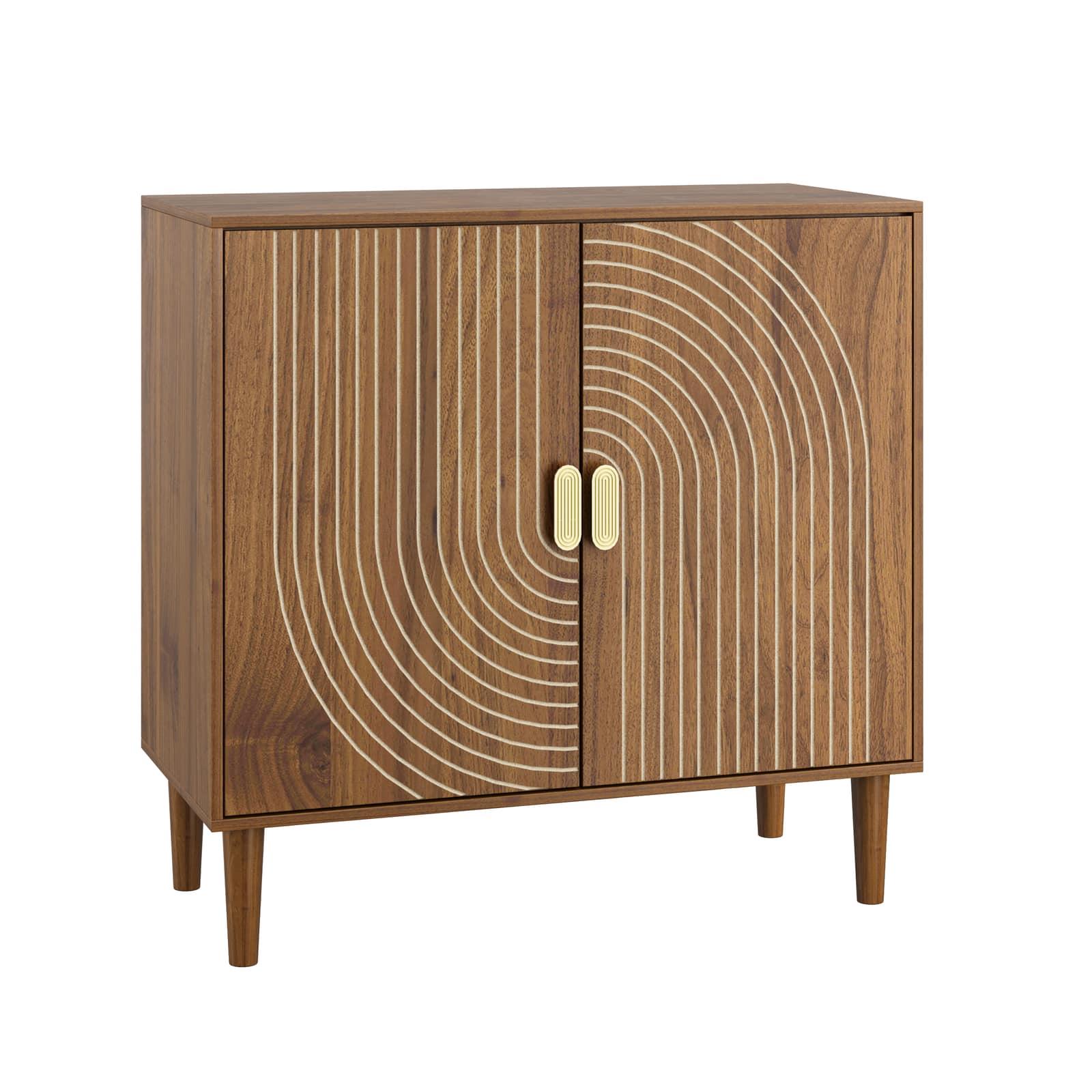 Spaco - Walnut Wood Buffet Cabinet with Line Groove Design, 2 Door Storage Sideboard for Dining Room Living Room Entryway - Brown