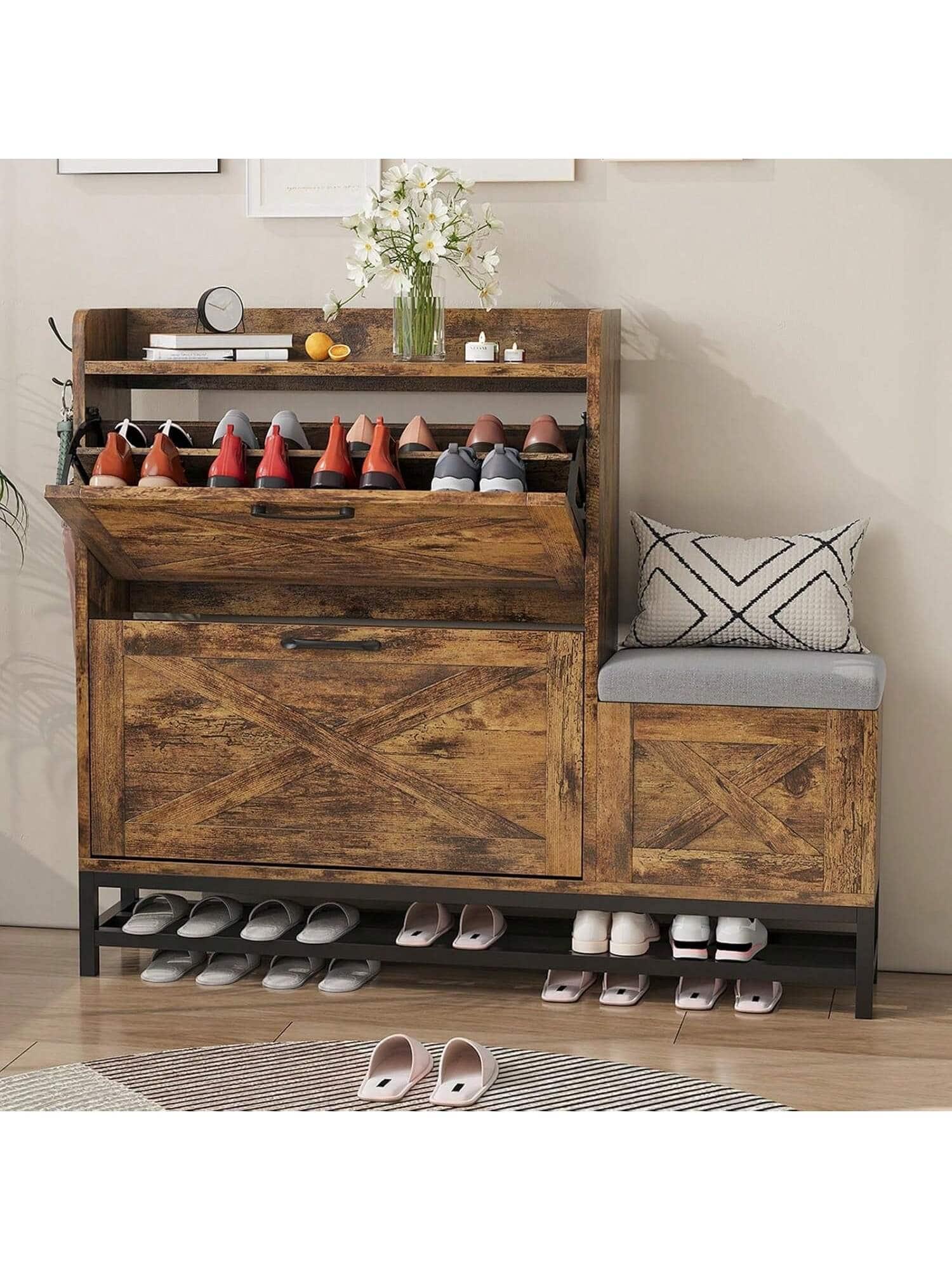 Qeetex - Farmhouse Shoe Cabinet with Bench & 2 Flip Drawers - Wood Freestanding Rack with 2 Hooks & Bottom Shelf for Entryway - Brown