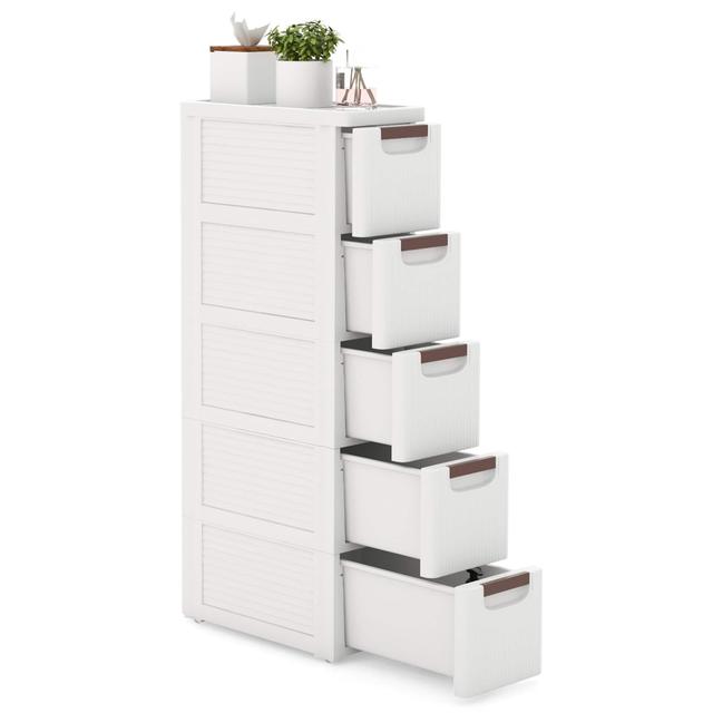 Gymax - 5-Drawer Narrow Rolling Storage Cabinet w/ Pull Handles Built-in Wheels - White