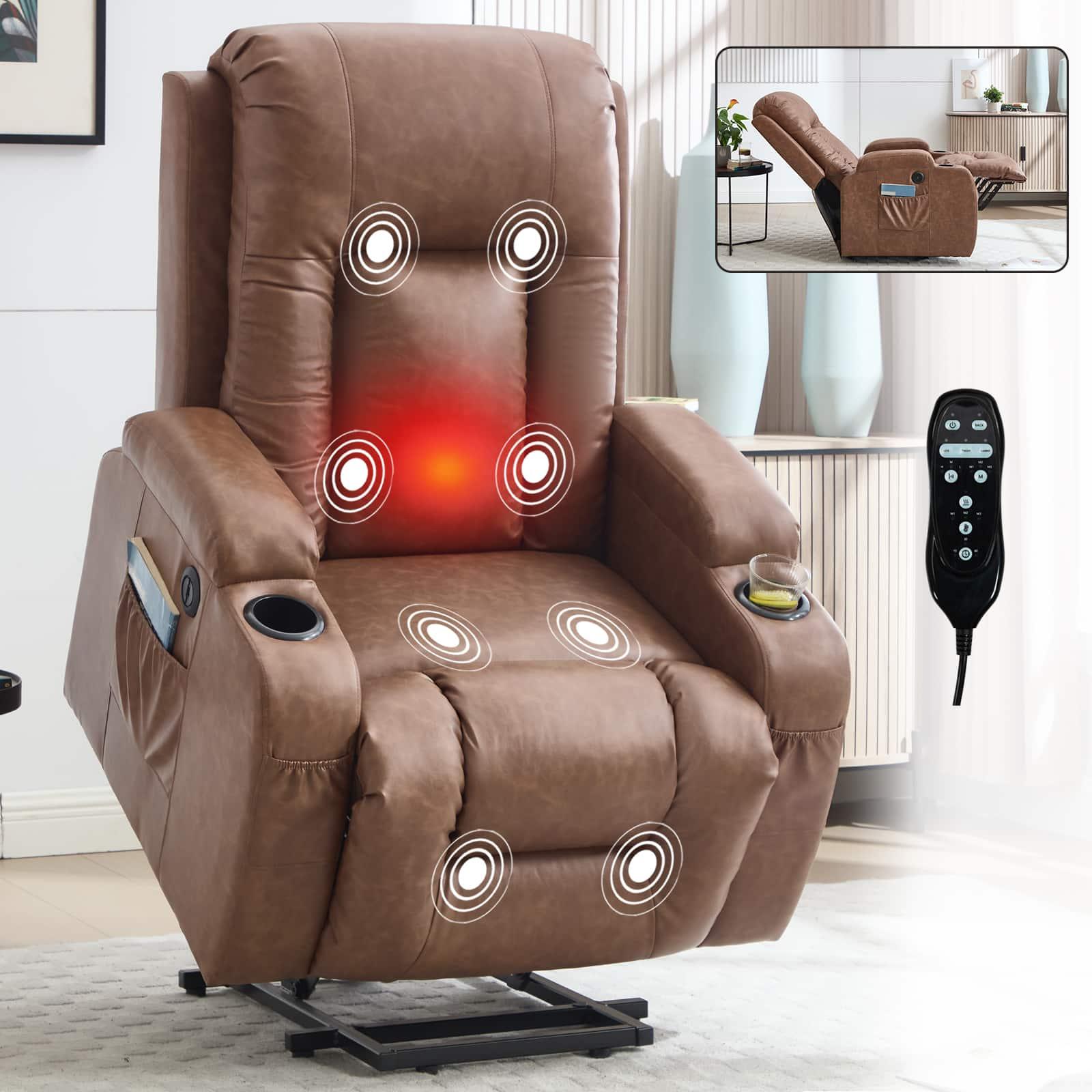 Aukfa - PU Power Lift Recliner - Infinite Positions, 350LBS Capacity, 8-Point Massage & Lumbar Heat, USB Port & Cup Holders - Dark Brown