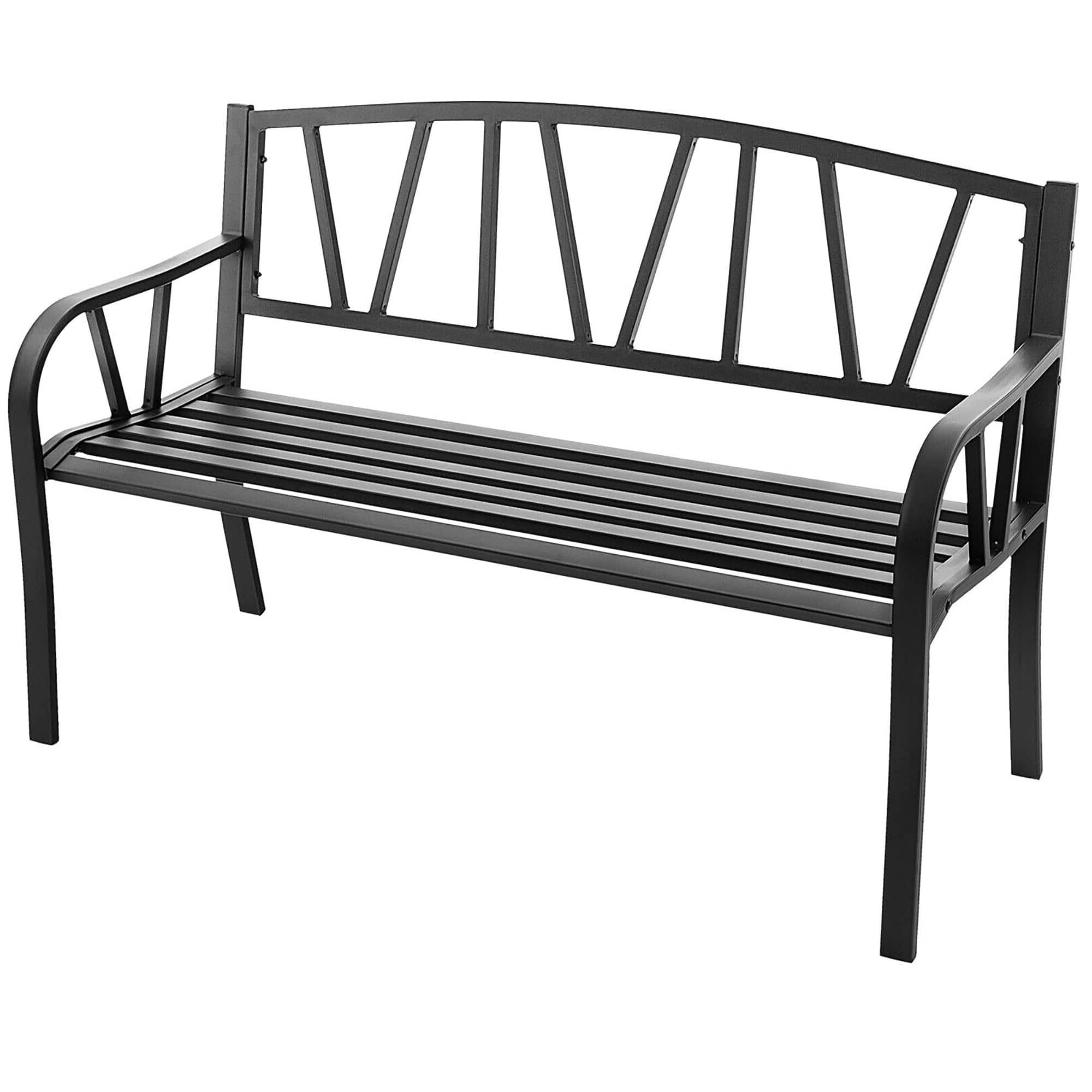 Gymax - Garden Bench Metal Frame w/ Ergonomic Armrest Load Patio - Black