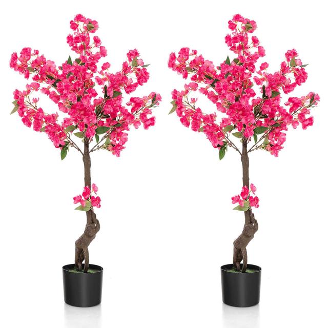 Costway - 2 Pack 42" Artificial Plum Blossom Tree with 92 Flowers & Realistic Trunk Indoor - Red