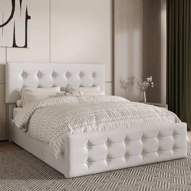 Homhougo - Full Bed Frame, Beige, 4 Storage Drawers, Headboard, Linen Upholstered Wooden Slats - Beige Full