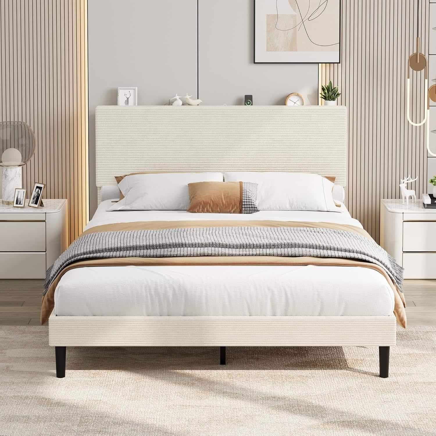 Homhougo - Queen Size Bed Frame with USB Charging Station, Corduroy Upholstered Platform Bed Frame with Adjustable Storage - Beige