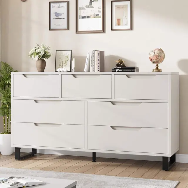 Homhougo - 7 Dresser for Bedroom, 55" Wide Dresser, Freestanding Horizontal Drawer with Storage, Wooden Closet Chest Storage for - White 7 Drawers
