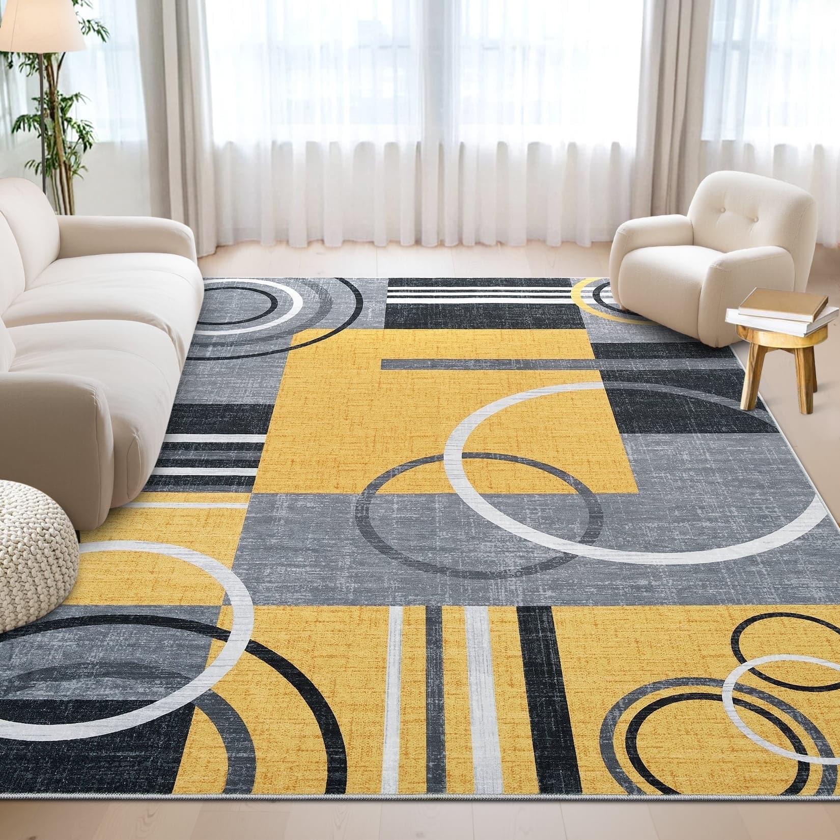 Homhougo - 6x9 Modern Geometric Rug, Washable, Non-Slip - Yellow