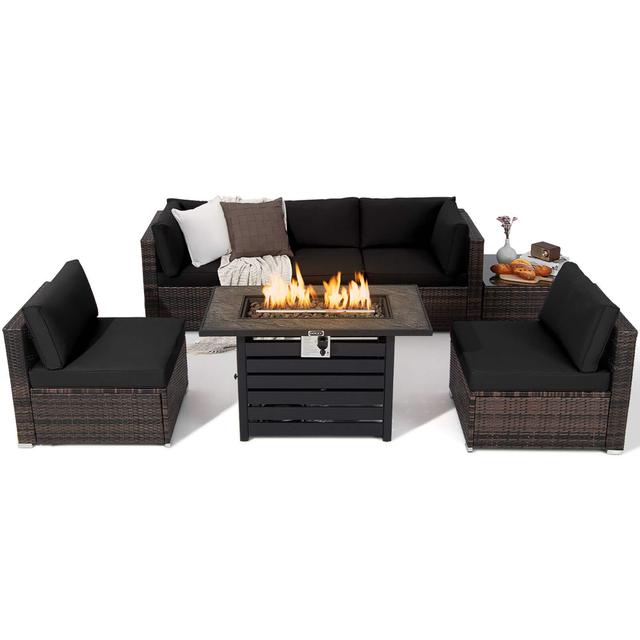 Gymax - 7PCS Patio Rattan Furniture Set 42'' Fire Pit Table w/ Cover Cushioned - Black