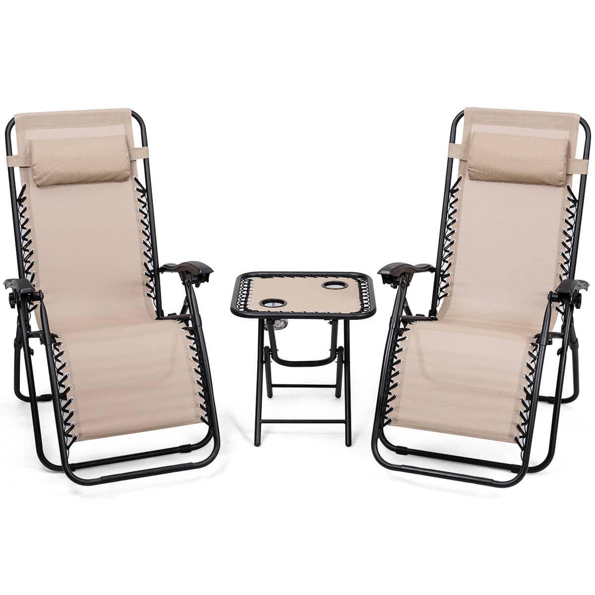 Gymax - 3PC Zero Gravity Reclining Lounge Chairs Pillows Table Portable Folding - Beige