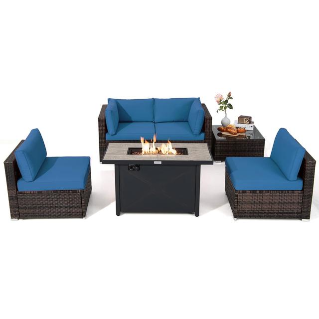 Costway - 6PCS Patio Furniture Set Rattan Cushioned Sofa Gas Fire Pit Table - Navy