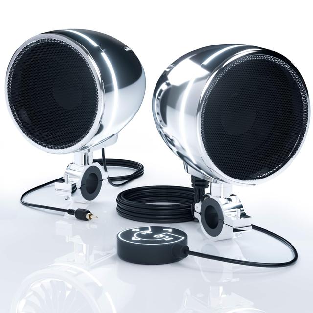 GoHawk - Bluetooth Motorcycle Speakers, 4" Waterproof Stereo Stereo Audio System w/ Built-in Amp, LED Halo, USB for Harley ATV - Chrome