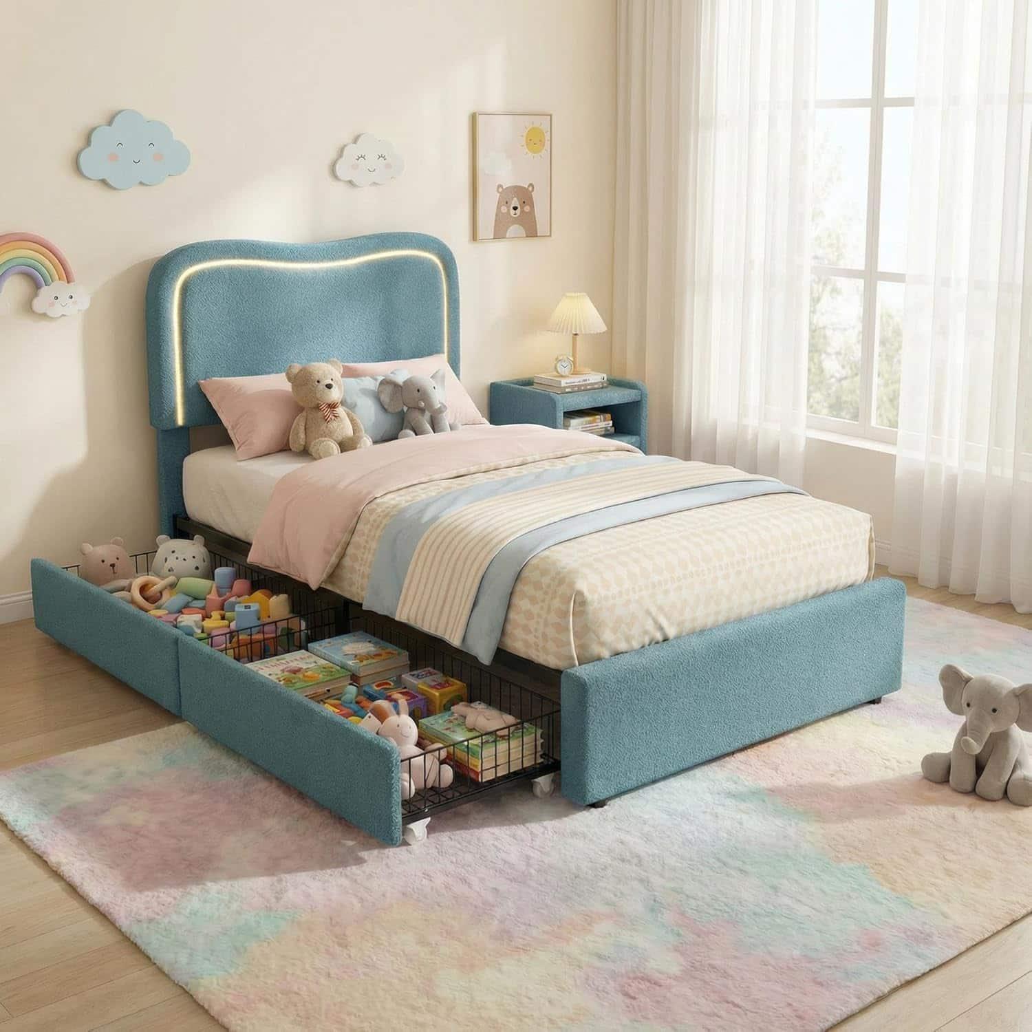 Homhougo - Boucle Twin Bed Frame with 2 Storage Drawers, Upholstered Platform Bed with LED Headboard, Solid Wood Slats Support, No - Blue