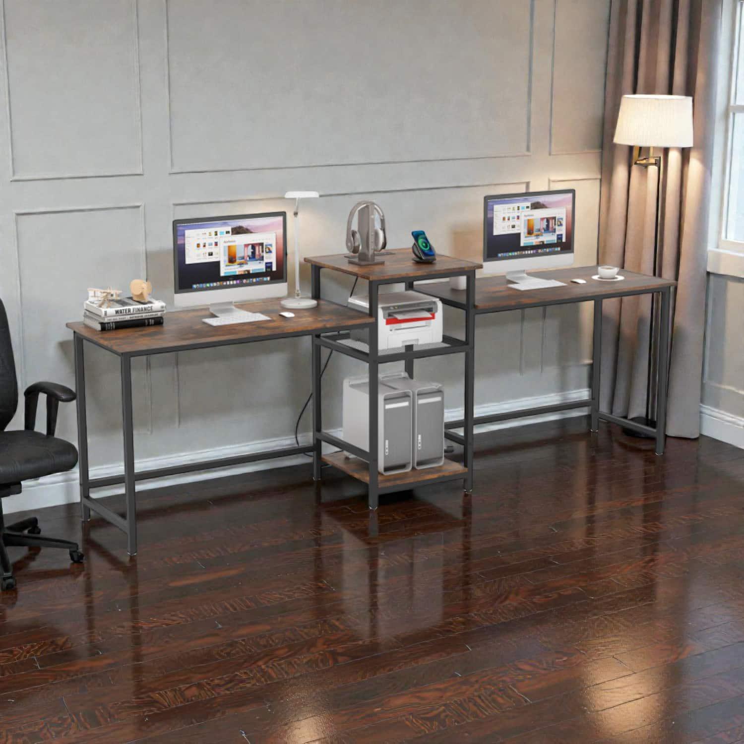 Hivvago - Collaborative Desk for Two with Built-in Power and Printer Rack - Rustic Brown