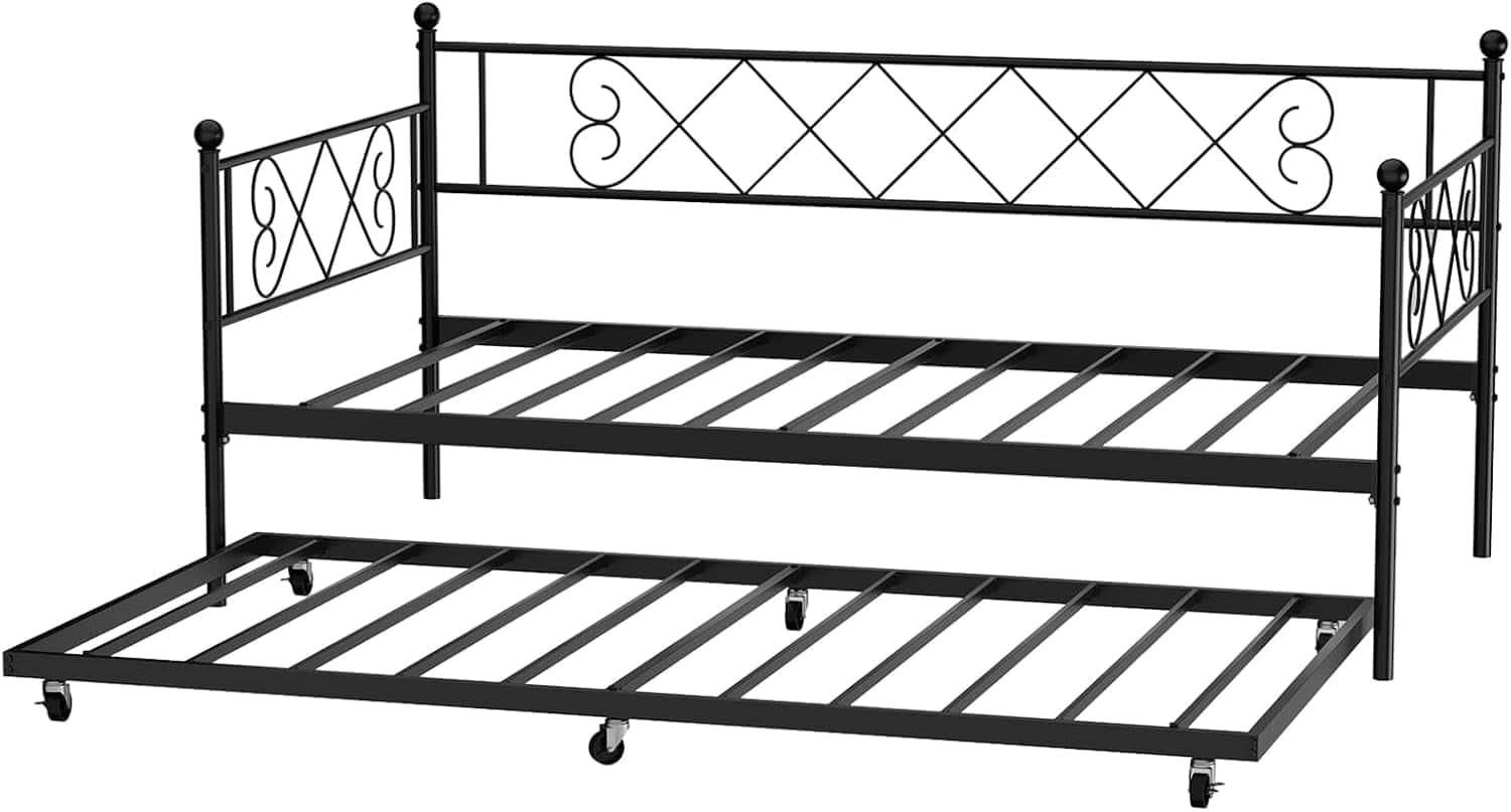 Homhougo - Daybed with Trundle, Black Metal Twin Daybed Frame, Sofa Bed, Metal Slats - Black Twin