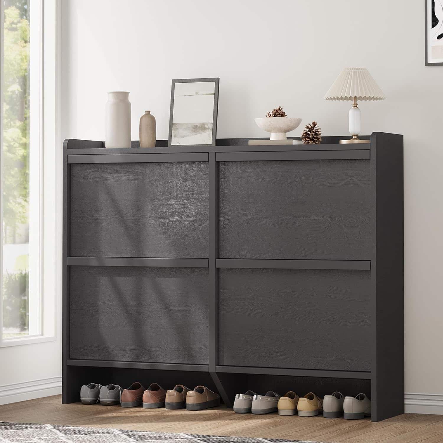 Homhougo - Shoe Cabinet with 4 Flip Drawers, Wooden Shoe Organizer Cabinet with Adjustable Shelf, Shoe Storage for Entryway - Black 4 Drawers