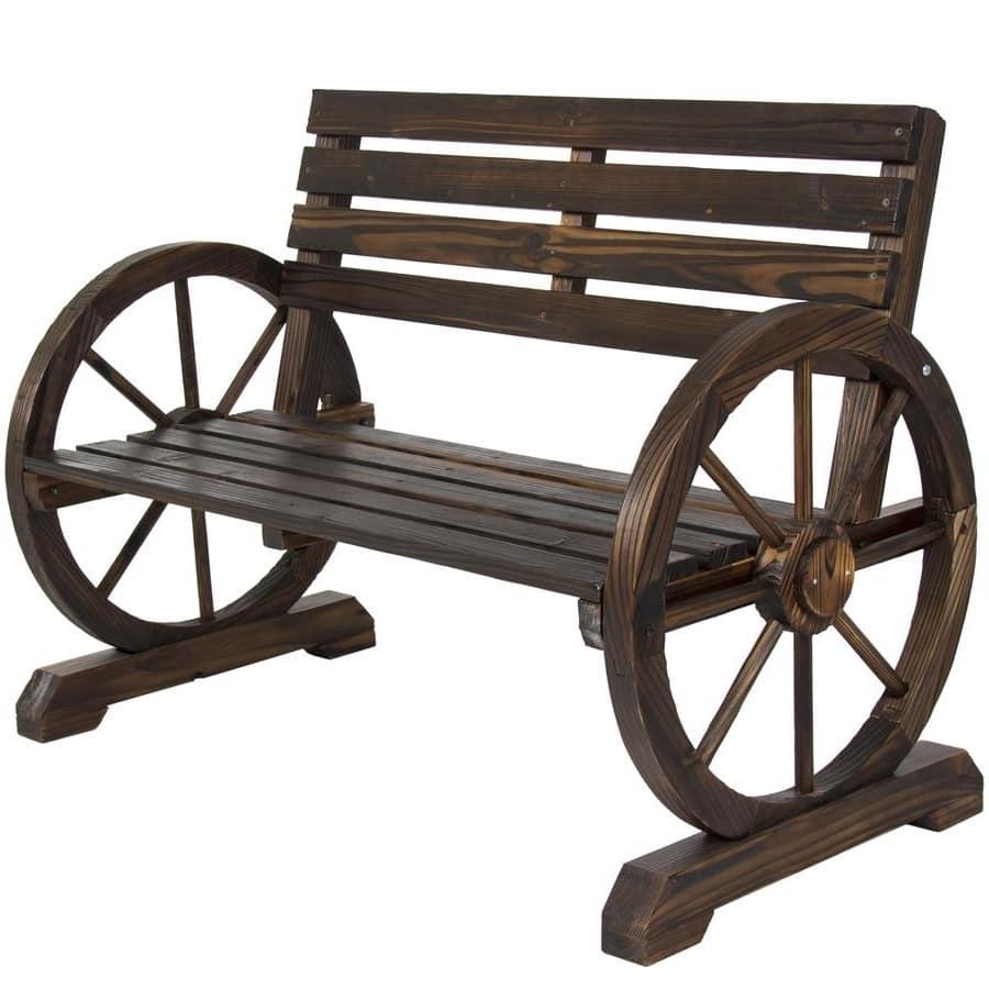 Hivvago - 2 Person Farmhouse Wagon Wheel Wooden Bench - Brown