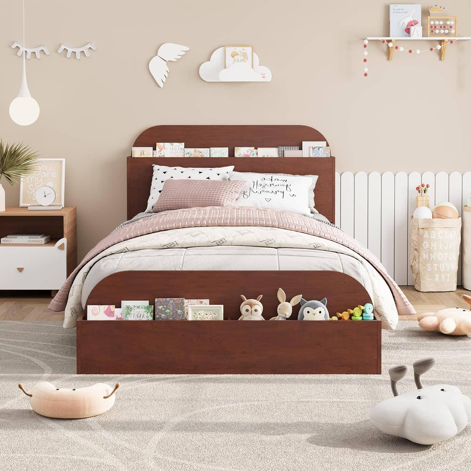 Homhougo - Full Bed Frame with Wooden Storage Headboard, Low Platform, Sturdy Slats, No Box Spring - Red