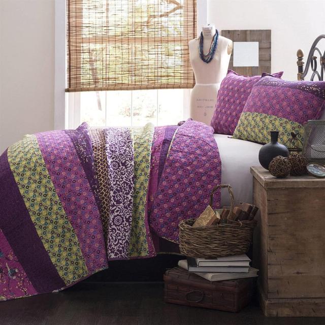 Hivvago - Full/Queen Vibrant Boho Floral Reversible Lightweight Quilt Set - Purple Yellow