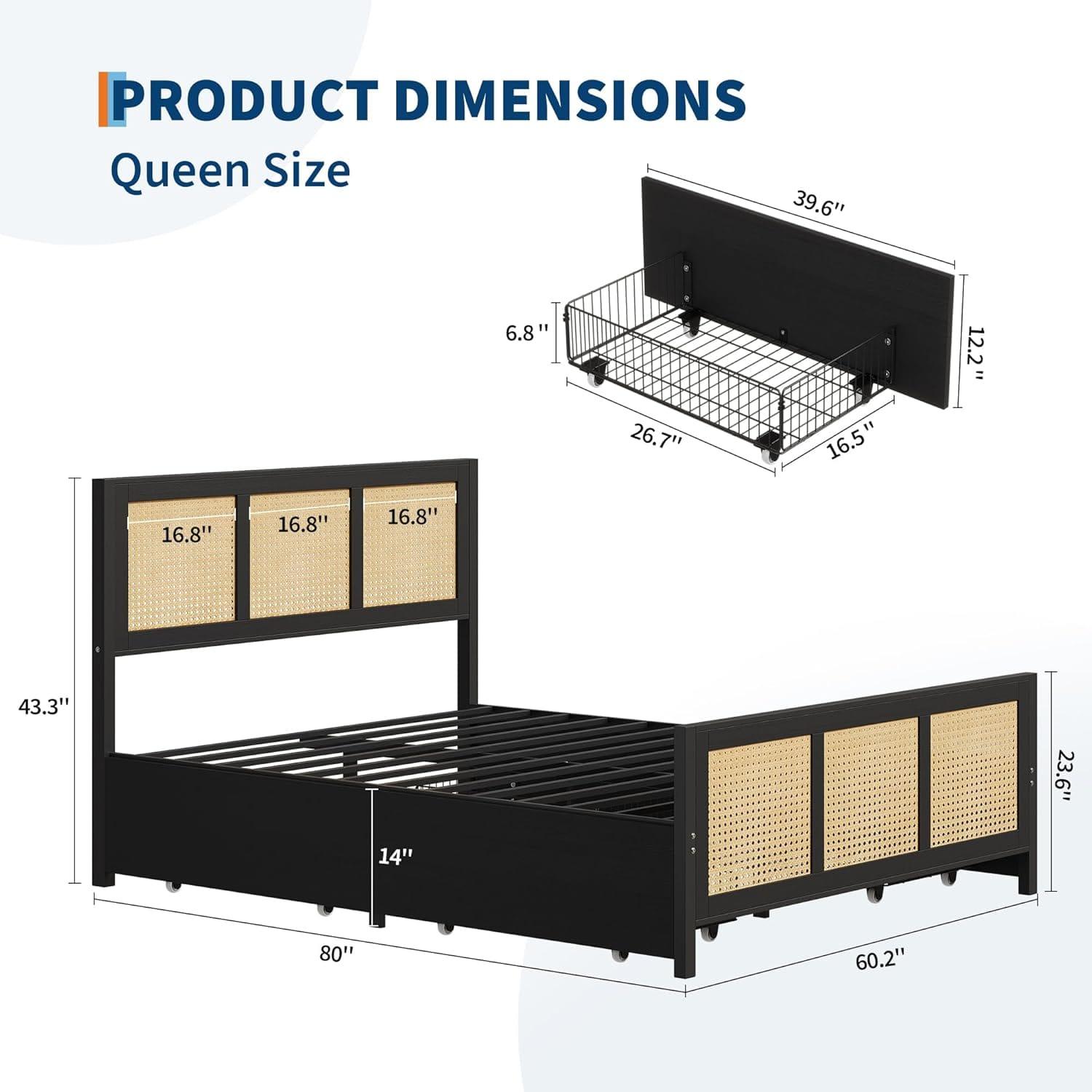 Homhougo - Queen Rattan Bed Frame w/LED Headboard, 4 Drawers, Metal Slats, No Box Spring, Easy Assembly - Black