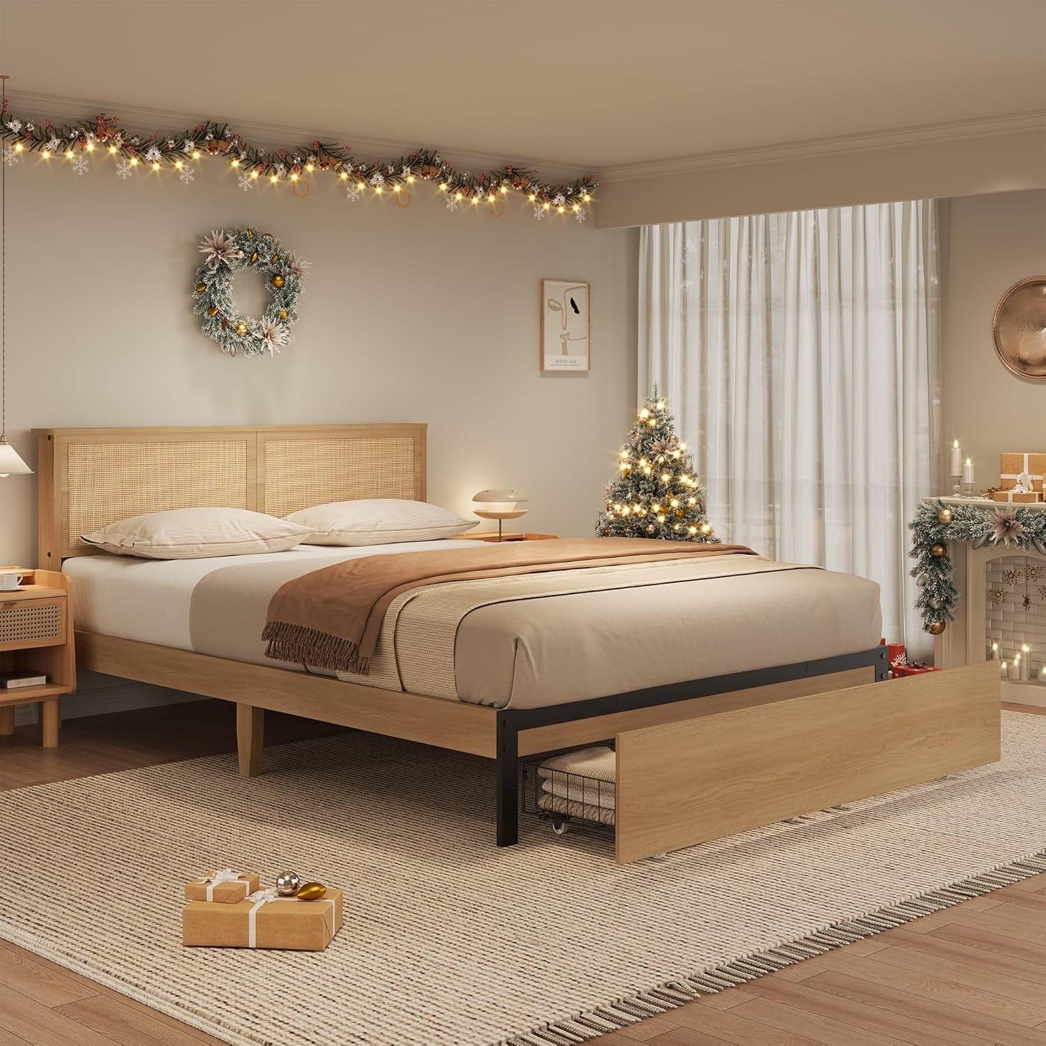 GARVEE - Queen Platform Bed with Rattan Headboard, LED Lights, Storage, Sturdy – Stylish & Functional Storage Bed - Grass vine