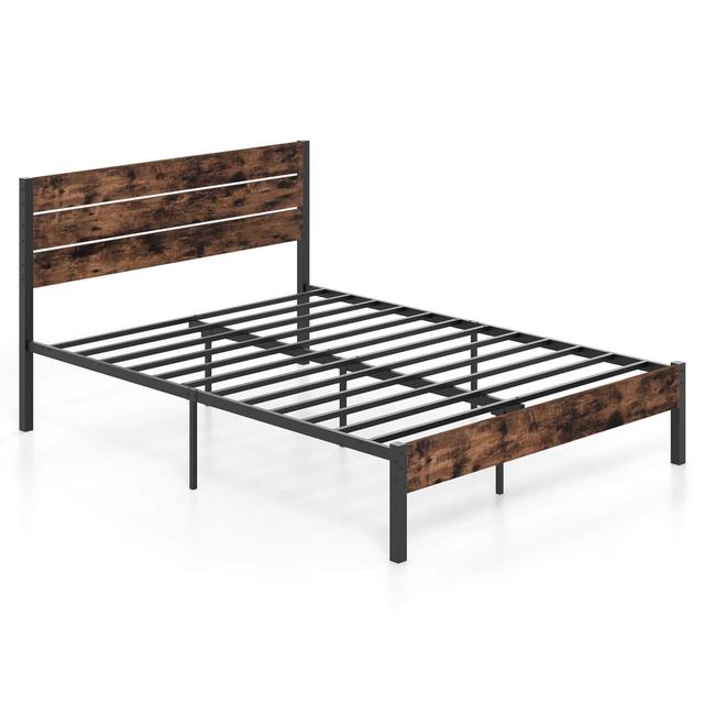 Costway - Queen Bed Frame with Tall Industrial Headboard Heavy-Duty Metal Slats Support - Brown