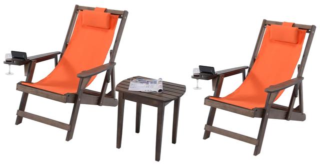 Jiallo - Romantic Collection Canvas Sling Chairs with Cup and Wine Holder and end table - Dark Brown Color with Orange Fabric