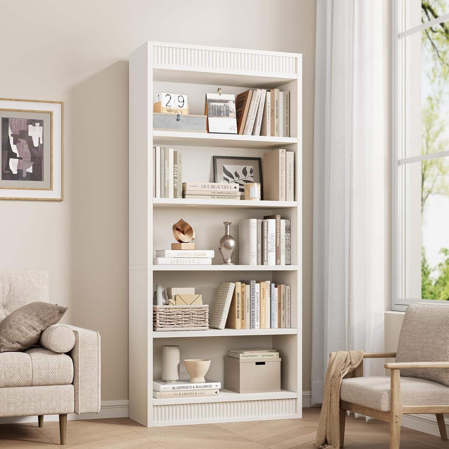 Homhougo - 71" Tall Bookcase w/Double Fluted Design, 5 Tier Vintage Bookshelf with Wooden Base, Wooden Bookshelf Rustic Vintage - White
