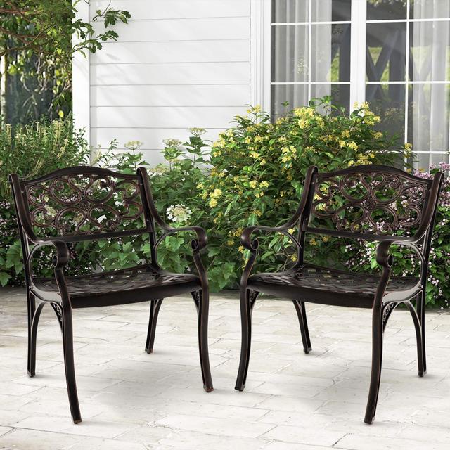Costway - 2 PCS Cast Aluminum Patio Chairs Set of 2 Outdoor Dining with Armrests & Curved Seats - Bronze