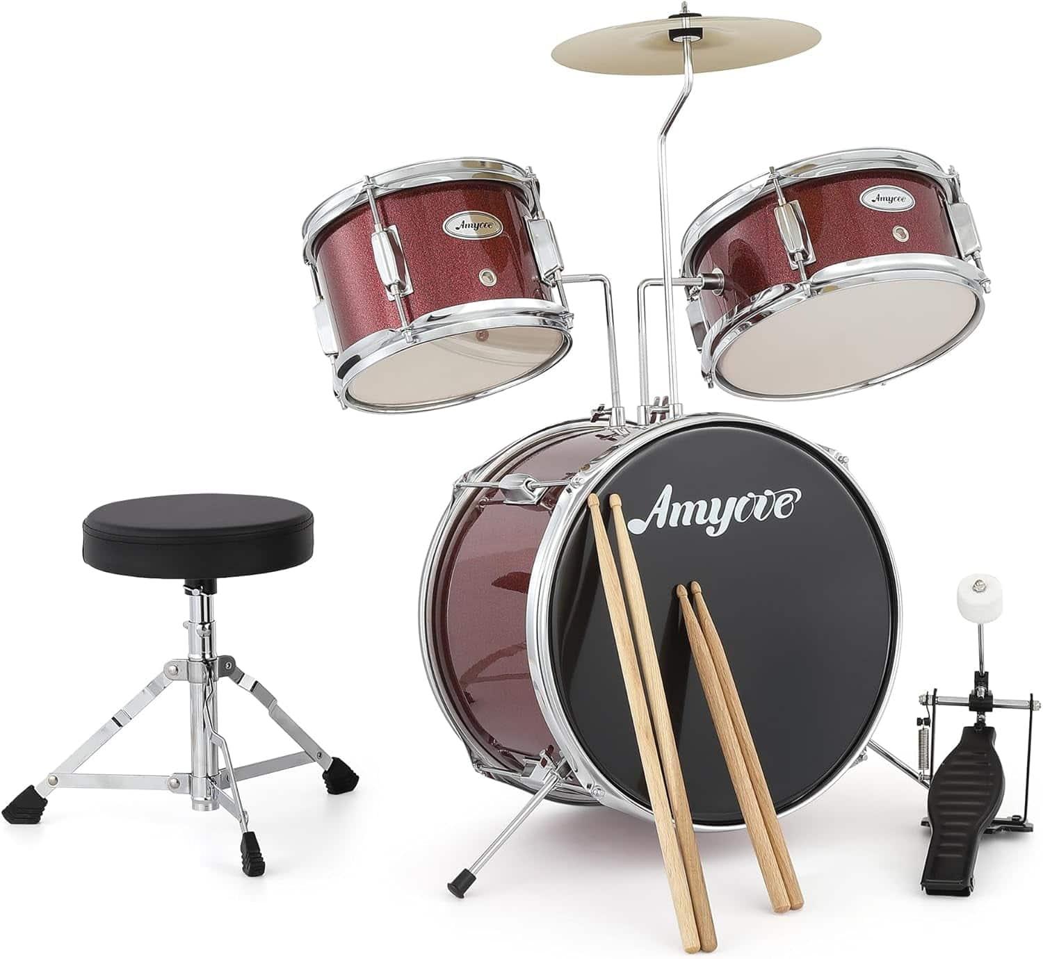 Homhougo - 3-Piece Drum Set with Cymbal, Tom, Bass Drum, Sticks, Pedal & Stool for Beginners - Red