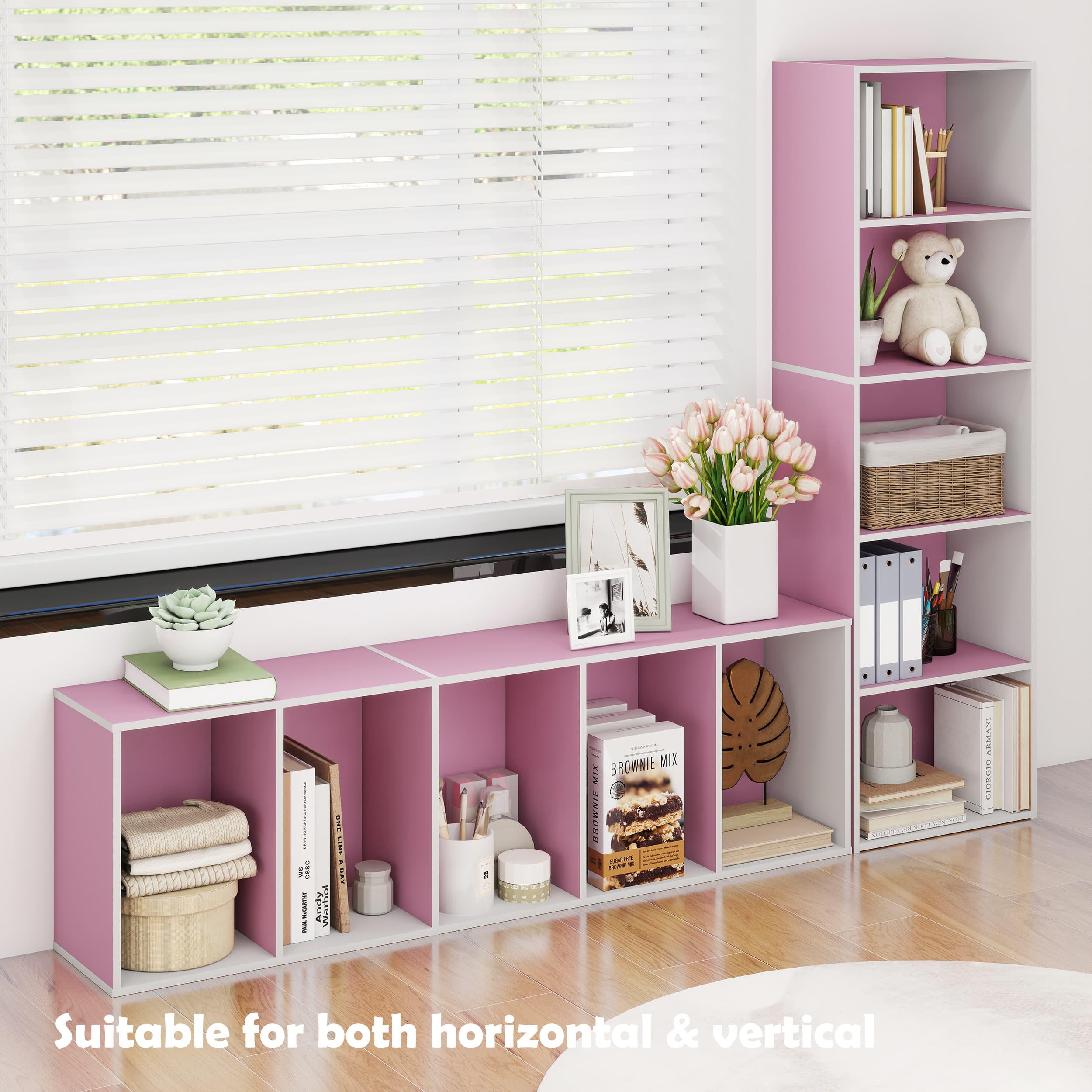 HOMLUX - 5-Tier 52" Engineered Wood Bookcase, Storage Bookshelf for Study Office, White & Pink - Pink & White