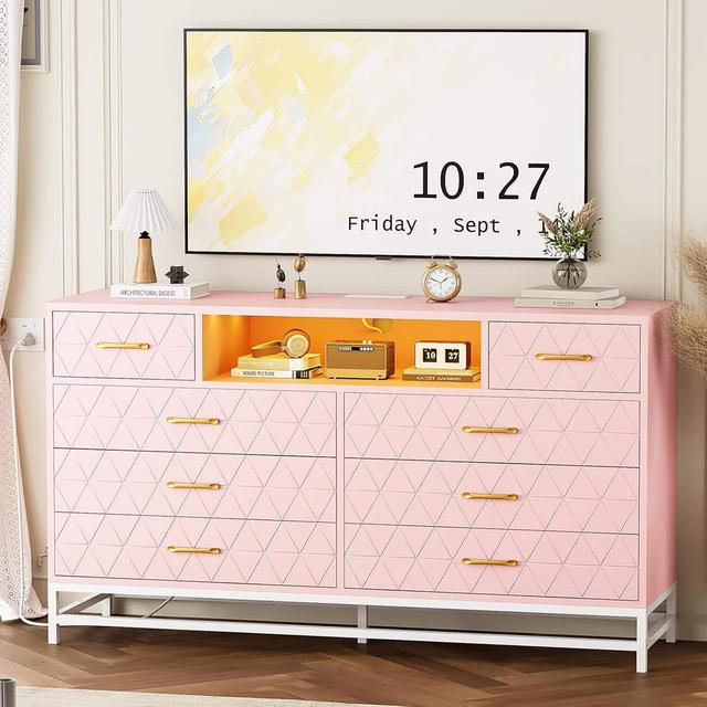 Homhougo - 8 Drawer Dresser for Bedroom, Dresser with Led Light, 55 in Tv Stand Dressers with Power Outlet, Large Dressers - Pink