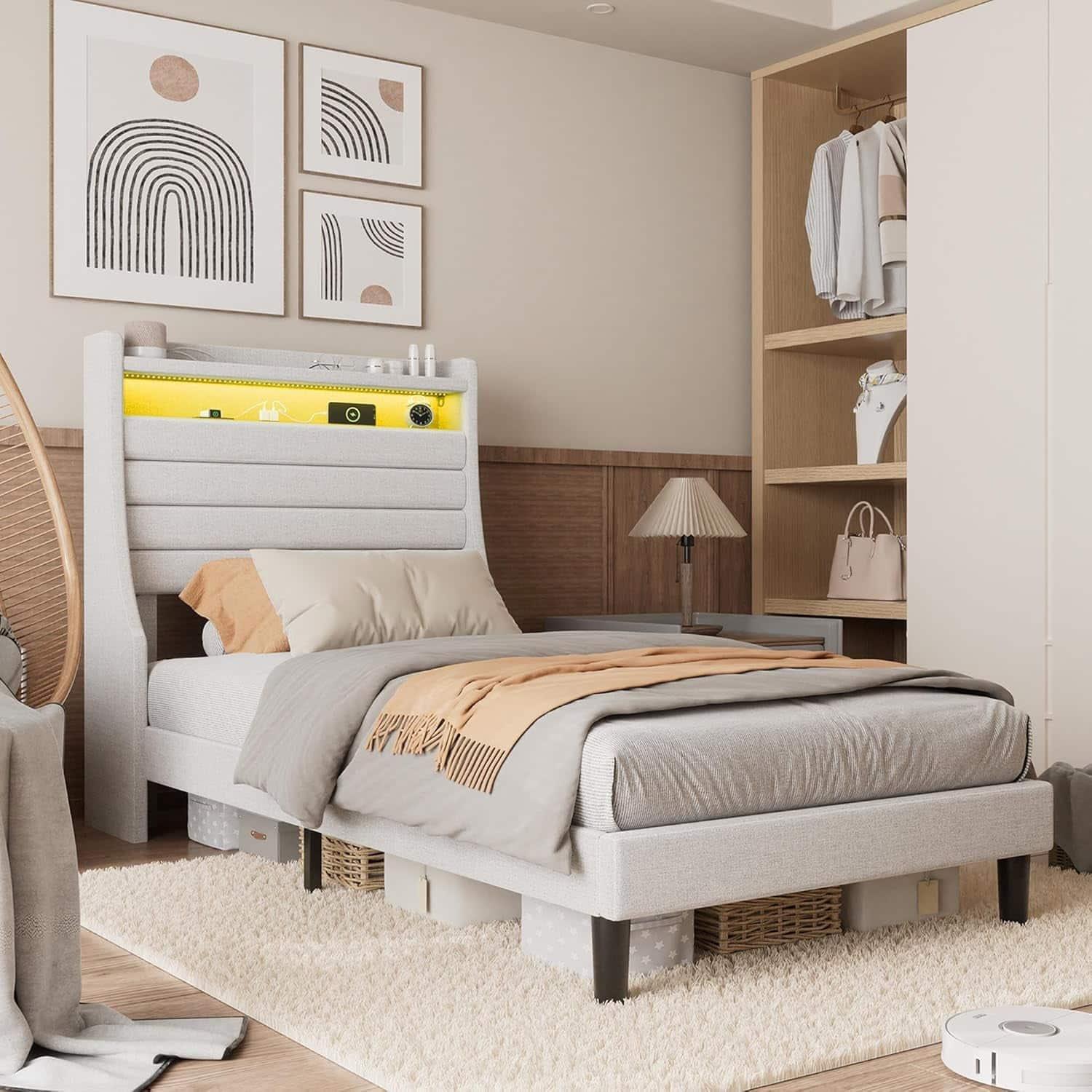 Homhougo - Twin Bed Frame with Storage Headboard, USB Charging, LED Lights, Under Bed Storage, Beige - Beige Twin
