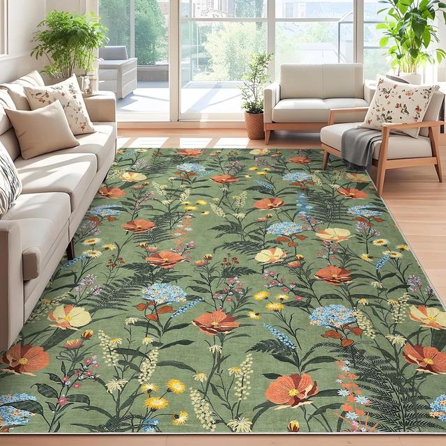 Homhougo - 8x10 Modern Floral Area Rug, Washable Farmhouse Non-Slip Low Pile for Living Room - Green
