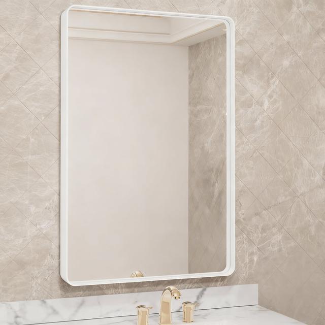 OMOMMD - Anti-Rust Metal Framed Wall Mirror, HD Float Glass, Hangs Horizontal/Vertical - White 28"L x 36"W