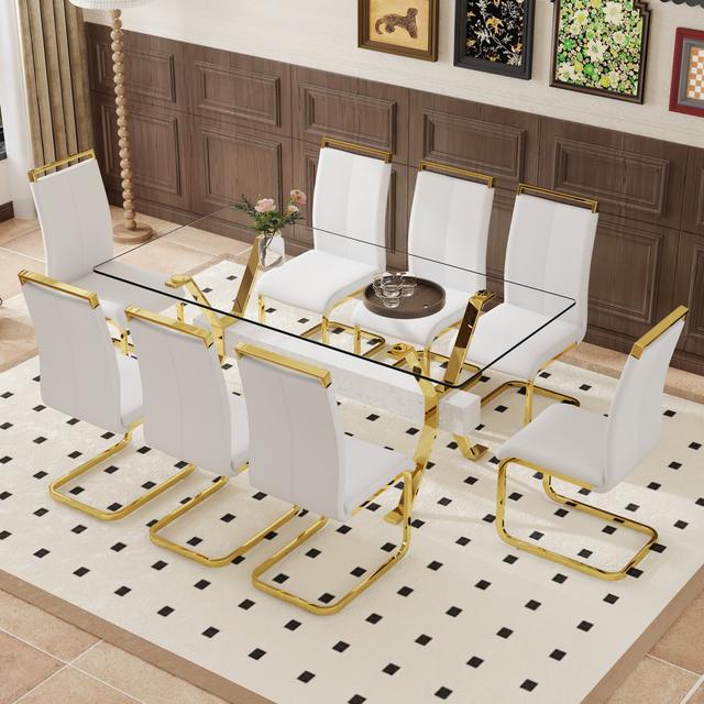 TinyHomie - Elegant Transparent Tempered Glass Dining Set - 71in x 35.4in with 8 White PU Chairs with golden C-tube metal leg - Gold and White