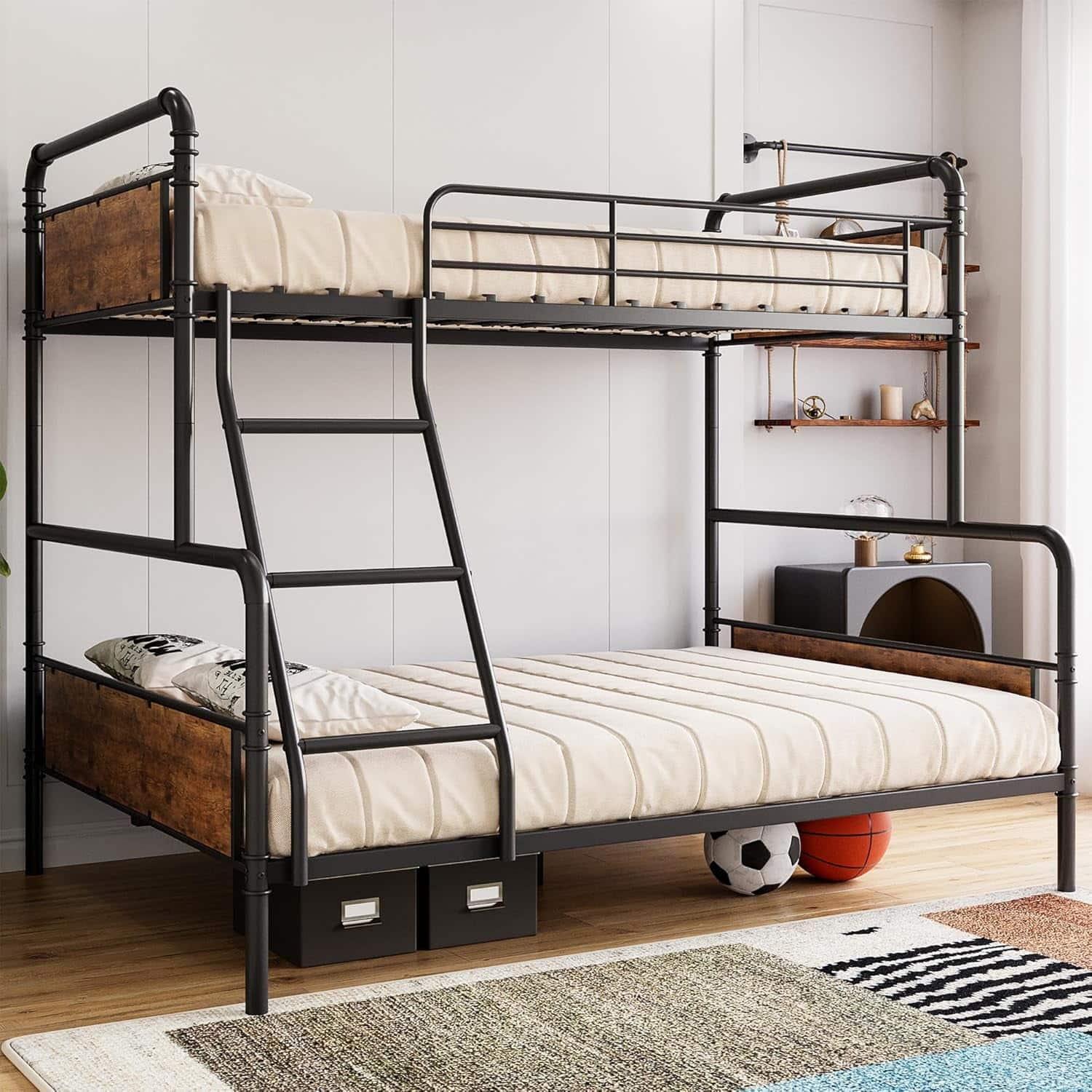Homhougo - Twin Over Full Metal Bunk Bed with High Guardrail, Ladder, Storage – Safe Space-Saving Kids Bunk Bed - Vintage Brown