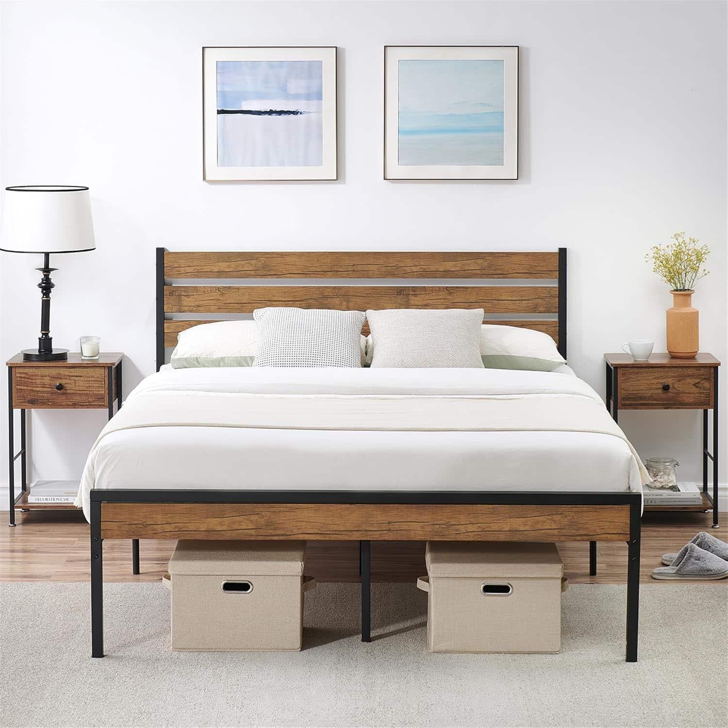 Homhougo - Full Bed Frame with Wooden Headboard and Footboard - Metal Platform Support with Under Bed Storage, No Box Spring - B - Upgrade