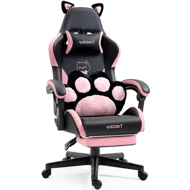 Aukfa - Cute Cat Gaming Chair with Paw Lumbar Cushion - PC Video Gamer Chair for Girl Teen Woman - Pink