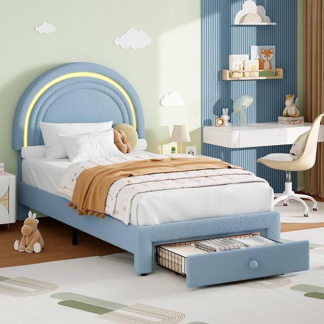 Homhougo - Twin LED Upholstered Bed with Rainbow Headboard & Storage Drawer, Bright LED Bed with Storage - Blue