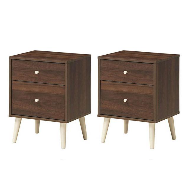 Gymax - Set of 2 Nightstand 2-Drawer Beside End Side Table w/Rubber Legs Finish - Walnut