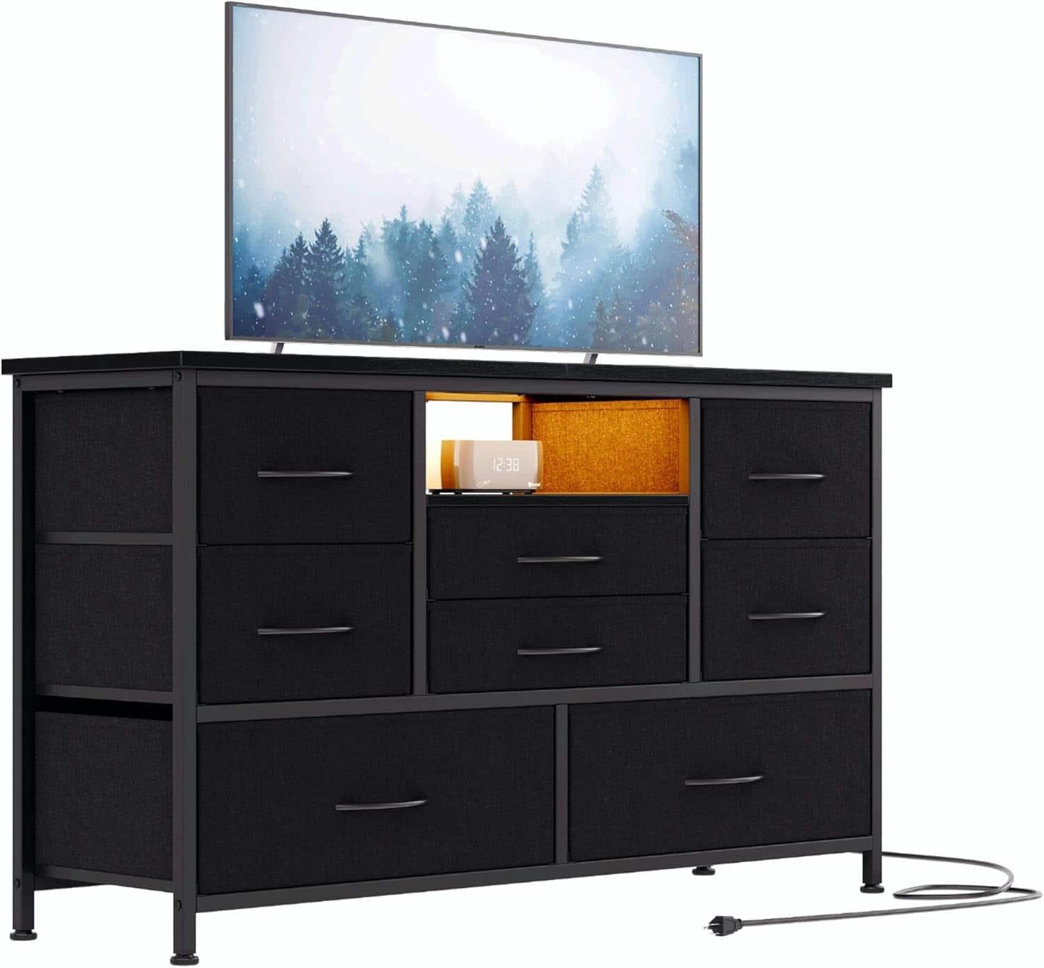 Homhougo - 8-Drawer LED Dresser TV Stand with Power Outlet for 55'' TV - Wide Storage Chest for Bedroom, Living Room & Entryway - Black