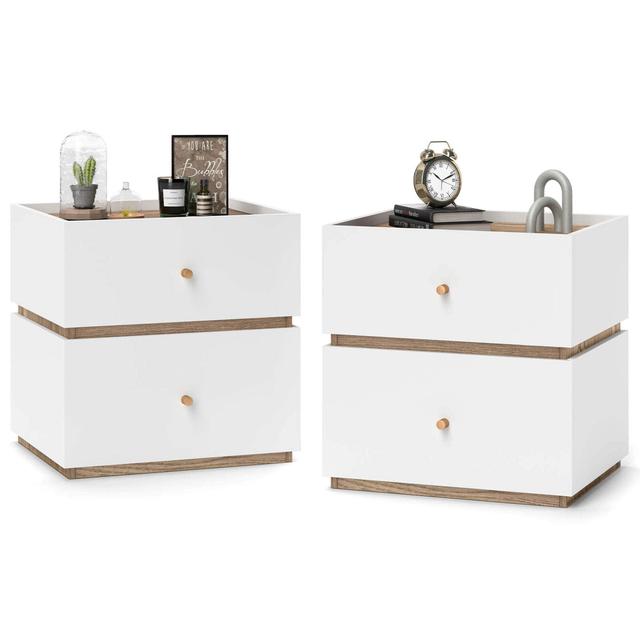 Costway - 2 PCS 2-Drawer Nightstand Modern Bedside Table with Storag Raised Edge for Living Room - Natural + White