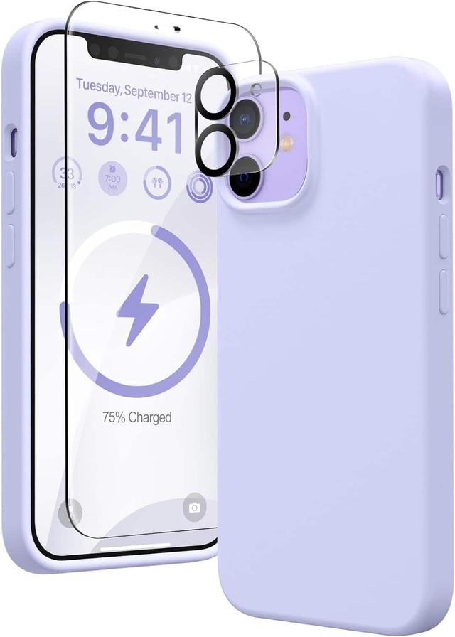 Entronix - Complete Protection Bundle for iPhone 12 - Liquid Silicone Case, Clear Screen & Camera Lens Protectors - Purple